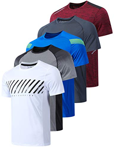 5 Pack Men’s Active Quick Dry Crew Neck T Shirts | Athletic Running Gym Workout Short Sleeve Tee Tops Bulk (Set 2, Medium)