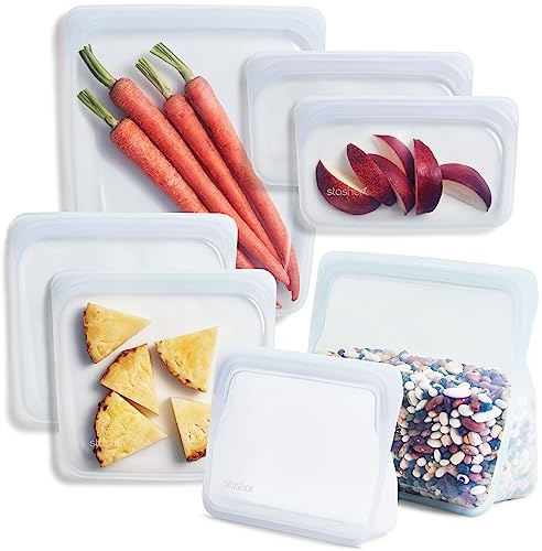 Stasher Bolsa de almacenamiento, reutilizable, de silicona platino de grado alimenticio, reduce el plástico de un solo uso, respetuosa con el medio ambiente, no tóxica, transparente, 7 unidades