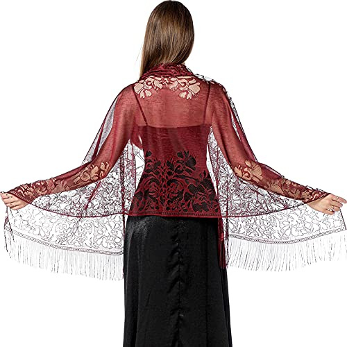 Ladiery Chale Mariage Femmes Floral Dentelle Elégant Châle Étole avec Frange Cérémonies Parties Fêtes