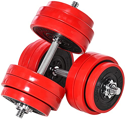 HOMCOM Hantelset 30 KGS 2-IN-1 Hanteln&Langhanteln verstellbar Gewichtheben für Zuhause Fitness Muskel Rot+Schwarz 21,5 x 21,5 x 3,8 cm
