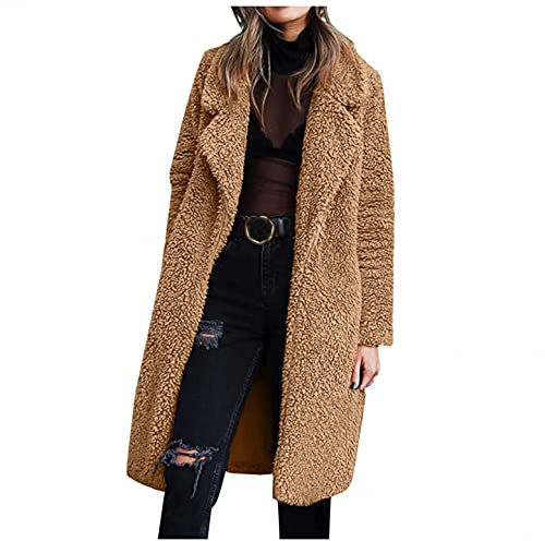 CCOOfhhc Teddy Mantel Damen Lang Oversized Plüschmantel mit Taschen Fleece Plüschjacke Herbst Einfarbige Pullover Winter Winterjacke Sweater Outwear Fleece Plüsch Wintermantel
