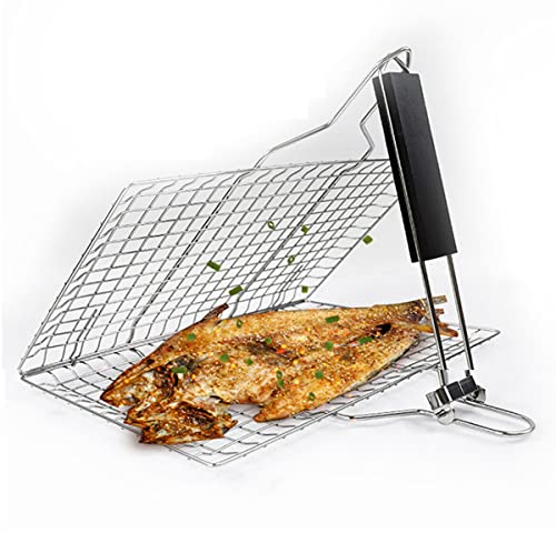 LJBOZ Fisch Grillen Gitter, Fischzange Zum Grillen Edelstahl mit Abnehmbarem Griff, Fisch Grillkorb Tragbar, Edelstahl BBQ Grillkorb FischbräTer für GemüSe Steak Fisch, Bonus Eine Saucenpinsel