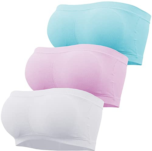 GXIN 3 Piece Women Bandeau Bra Padded Non-Slip Strapless Bras Seamless Ladies Wireless Bralette Bandeau Tube Tops (UK, Alpha, XL, Regular, Regular, Standard, White, Pink, Blue)