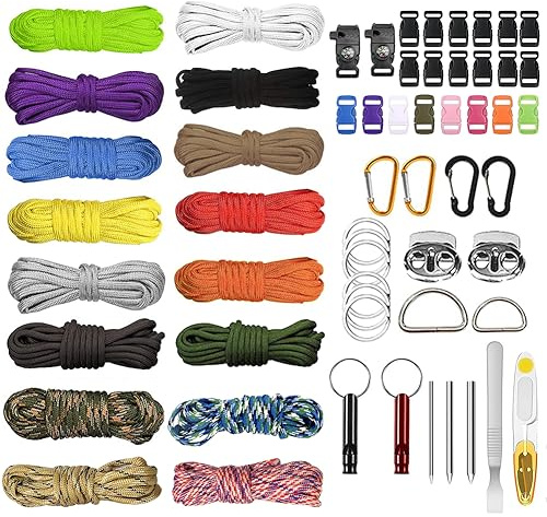 EUBSWA Paracorde Set 16 Couleurs, Corde en Nylon paracorde 550, Multifonction Contient Une Boucle De Corde Et des Aiguilles À Coudre, Convient pour Faire DIY Bracelet Lanière Porte clés
