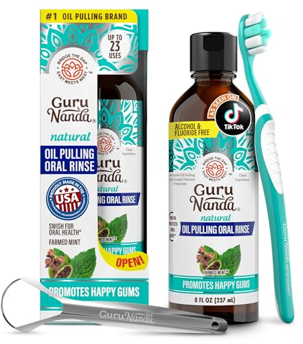 GuruNanda CocoMint Bain de bouche à l'huile pour une hygiène bucco-dentaire complète, 7 huiles essentielles et vitamines pour des dents et des gencives heureuses et une haleine fraîche, avec brosse à