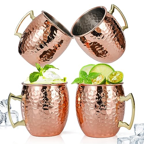 Amrules Moscow Mule - Juego de 4 tazas de cobre martillado de 16 onzas con forro de acero inoxidable 304 y asas de latón dorado, perfectas para bebidas frías, cerveza, vino, bares, fiestas, regalos
