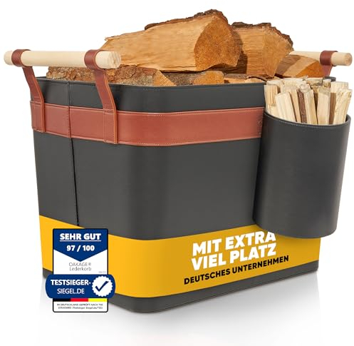 OAKAGE® Holzkorb für Kaminholz Groß aus veganem Leder Kaminholzkorb Feuerholzkorb Brennholzkorb Kaminkorb | Korb Bundle