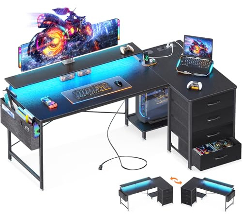 ODK Eckschreibtisch mit 4 Stoff Schubladen, 160x80cm Reversible Schreibtisch L Form mit 2 Steckdosen und 2 USB Ladeanschluss, Gaming Tisch L Form mit LED&Monitorständer für Home Office, Schwarz