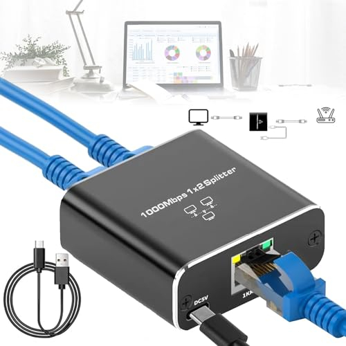 Ethernet Splitter 1 a 2, 1000Mbps LAN Switch 2 Puertos, Conmutador de Red con Cable de Alimentación USB, LAN Splitter para Ordenador, Router, Set-Top Box, TV Digital (A)