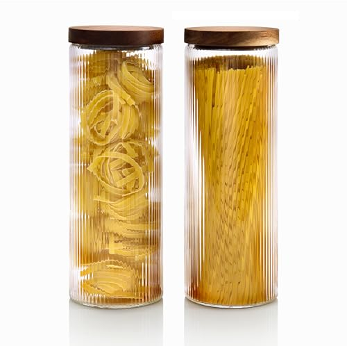Mason & Fable Geriffelter Glasbehälter 1.8L Set aus 2, stapelbarer und luftdichter Holzdeckel, Aufbewahrungsbehälter für Müsli, Nudeln, Reis/Mehl, hochwertige Optik für Küche