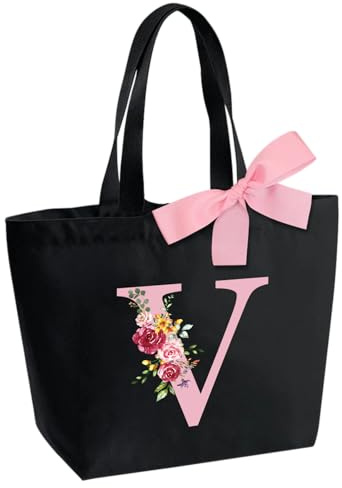Sac Fourre-Tout Personnalisé avec Initiale, Sac Tote bag avec Noeud Papillon, Adapté pour Mariage Vacances Voyage Anniversaire Noël, Sac Cadeau Parfait pour femmes demoiselles d'honneur maman amis V