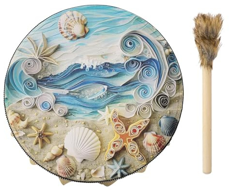 Inramad trumma med havsvågens skal - shamanic andligt handtrumma instrument | Shamanic trummusikinstrument | Shamanic trumma med stav | Trumman inkluderar Bac