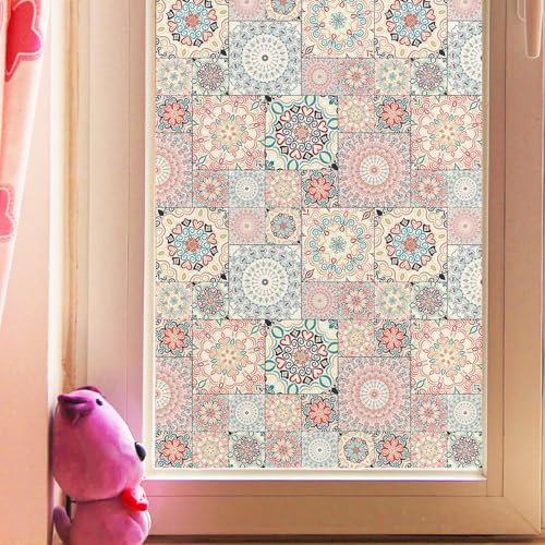 Insynsskyddsfolie fönster färgglad mandala blomma solskyddsfolie fönster, insynsskydd fönsterfilm, transparent termofolie fönster mot värme, mjölkglasfolie statiskt självhäftande