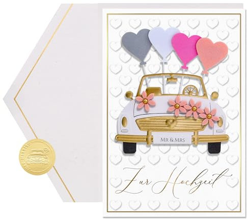 Joli Coon Premium 3D Hochzeitskarte Signature - 3D Karte zur Hochzeit mit FinePaper Kuvert und goldenem Siegelsticker - Hochzeitskarte Geldgeschenk