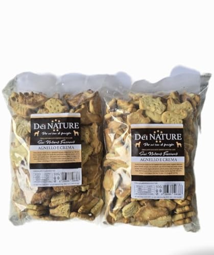 DEI NATURE Galletas para perros, cordero y crema, 2 paquetes de 500 g, grado humano, superalimento, aperitivos para perros, premio para perros