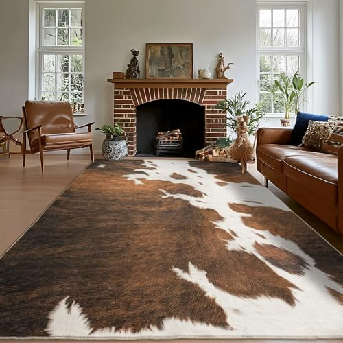 plumlik Cowhide Rug Area Rugs for Living Room, 8x10 Cow Print Rug Machine Washable for Bedroom Dining Room Western Home Decor Non-Slip Low Pile Indoor Floor Carpet