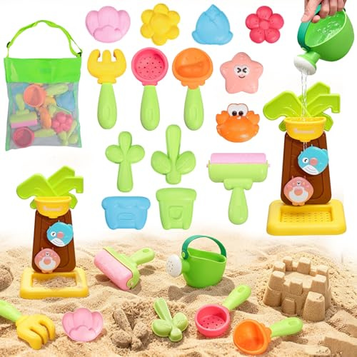 VBACALA Set Giocattoli da Spiaggia Bambini 21 Pezzi con Mulino Sabbia e Borsa a Rete, Giochi Sabbia con Secchiello, Annaffiatoio, Formine Fiori e Animali, Giochi Mare e Giardino per Bambini 3+ Anni