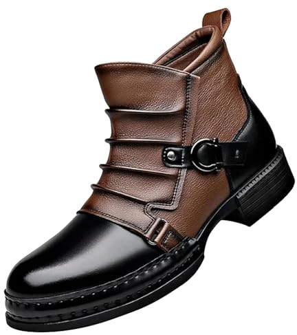 Stivaletti da uomo in stile vintage britannico bicolore in pelle occidentale con cinturino con fibbia per motociclismo, ufficio festa, Nero , 42 1/3 EU