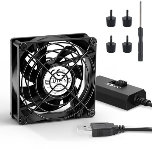 ELUTENG 80 mm USB-fläkt 5 V med L/M/H 3 hastigheter, 80 mm USB PC-fläkt med 4 stötdämparfötter, elektronisk kylfläkt med metallnät för laptop/TV-box/AV-skåp/PS4/PS5/router