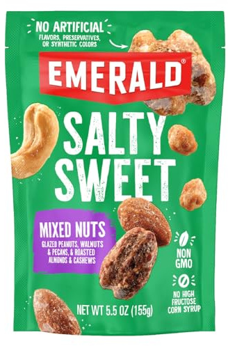 Emerald Nuts Salty Sweet Mixed Nuts (1-Pack), Features Kettle Glazed Peanuts, Almonds, Cashews, Kettle Glazed Walnuts, Kettle Glazed Pecans, 5.5oz Resealable Bag