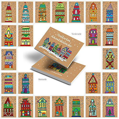 Logbuch-Verlag Lot de 24 Cartes Postales maisons de Noël 10,5 x 14,8 cm Bloc Calendrier de l'Avent Garnissage de cartes postales Nombres de 1 à 24
