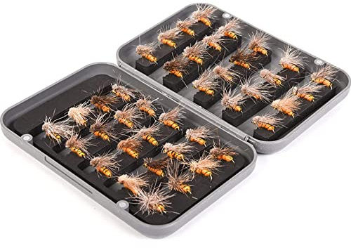TOPIND Ami da pesca, 40 esche da pesca a mosca con scatola, squisite piume per trota, ninfa, spigola, salmone, per acqua dolce e salata, laghi e fiumi