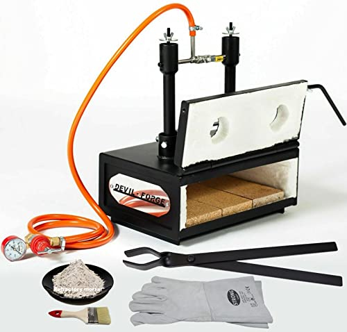 DEVIL-FORGE Fragua de gas DFHS2+1D/3.6” Horno de Forja, 2 Quemadores DFP (160.000 BTU) usas 1 o 2, Válvula de bola gas, Estrangulador de aire, 1 Puerta, cuchillos, herraduras, Herrero, Herrador 1370°C