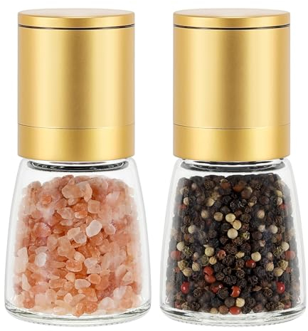 Vucchini Gold Salt and Pepper Grinder Mill - Adjustable Coarseness Ceramic Brass Spice Grinder Shaker - Refillable Glass Pepper Grinders for Home Golden Kitchen Accessories