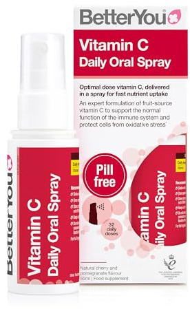 BetterYou Vitamin C Oral Spray, Fast Acting High Strength Vitamin C Supplement, Supports Immune System and Protect Cells from Oxidative Stress, 1-Month Supply, Natural Cherry & Pomegranate Flavour