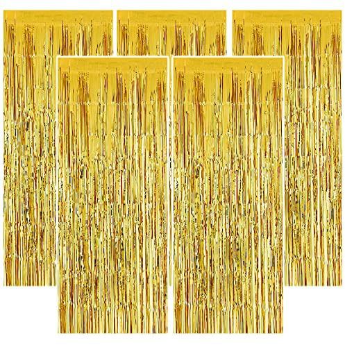 5 Pack Gold Tinsel Curtains, 3.3ft x 6.6ft Foil Fringe Curtains Metallic Glitter Curtain Photo Booth Backdrop Decorations for Wedding Engagement Bridal Shower Birthday Bachelorette Party Decor (Gold)