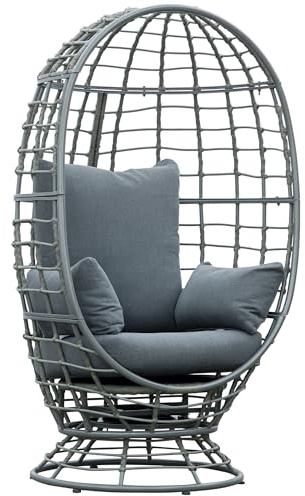 Outsunny Wicker Egg Chair, 360 Rotating Indoor Outdoor Boho Basket Seat with Cushion and Pillows for Backyard, Porch, Patio, Garden, Handwoven All-Weather PE Rattan, Steel Frame, Gray