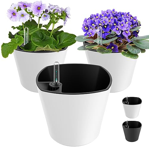 Vasi rotondi autoirriganti da 17,8 cm, per piante da interno, con indicatore del livello dell'acqua, confezione da 3 pezzi, colore viola africano, per tutte le orchidee, aloe, piante da casa, piantare