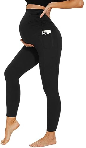 DDOBB Leggings premaman da donna con tasche, a vita alta, opachi, per gravidanza, morbidi, elastici, per la casa, lo yoga, lo sport, Nero , S