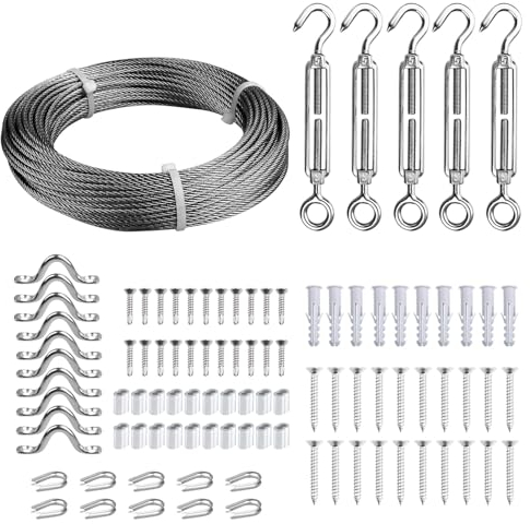 FSHIHINE 3mm Drahtseil, 30M 304 Edelstahl Stahlseil Kit mit M5 Spannschlösser für Kabeldraht, Drahtseilklemme, Stahlseil mit ösen für Kletterpflanzen, Seilspanngarnitur für Lampenaufhängung