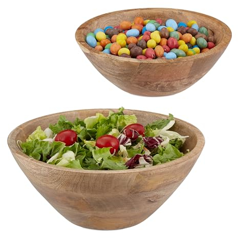 Relaxdays Salatschüssel, 2er Set, Mangoholz, Ø 23 und 29 cm, runde Servierschüsseln für Salat, Snacks, Obstschale, braun