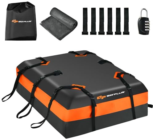 GOPLUS 424L Bolsa de Techo para Coche, Portaequipajes Impermeable con Alfombra Antideslizante y Cerradura Combinada, Cofre de Techo Apto para Todos los Vehículos con/sin Baca de Techo (Naranja+Negro)