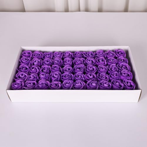 Wambere 1 Box mit 50 Stück Seifenrosen,Seifenblumenbox Rose Soap Blumen in GeschenkBox,Künstliche Rosenköpfe,Seifenblumen Badeseife Rosenblüte mit Sockel,für Jahrestag Geburtstag Valentinstag,Lila