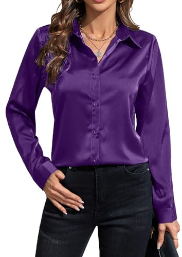 IBAOTORONI Chemises boutonnées en satin pour femme : chemisier à manches longues en soie à col classique boutonné haut de travail décontracté