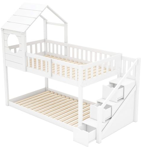 AUJDKDH Baumhaus Kinderbett, Ins und aus dem Bett kommen, Doppelbett, Kinderbett in Hausform, Leiterschrank, Kiefernholz Haus Bett for Kids, 90 x 200 cm, ohne Matratze, weiß[3035030405AAW]