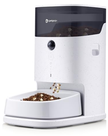 PETGUGU Distributore Automatico Cibo Gatti, Dispenser Crocchette Gatto con Timer, Distributore Smart con Controllo APP e Interazione Video/Voce, Ciotole in Ceramica Rimovibili per Gatti e Cani, PF2