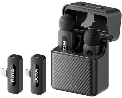 BOYA BY-V3 Combo Mini Microfono Lavalier Wireless, Microfoni senza fili per iPhone/Android/PC/Laptop con USB-C/Lightning, Cancellazione del Rumore, 36H Power per Vlog Podcast Tiktok Streaming