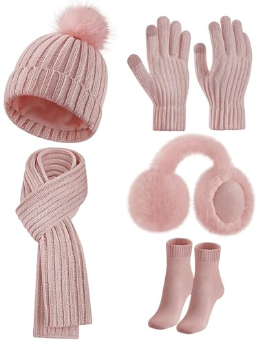 Warmiehomy Women Hat Scarf and Gloves Set Ladies 5Pcs,Winter Warm Knitted Beanie Cap Long Scarf Touchscreen Gloves Plush Ear Thermal Socks 5 in 1 Set Women Gift for Outdoor Sports,Pink
