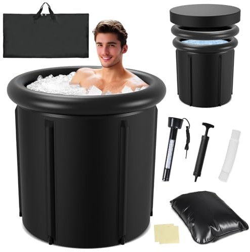 Vkechh Baño de hielo de 80 cm, bañera plegable de 390 l con tapa, depósito de hielo para el hogar, terapia de frío, set con 5 capas aislantes, barril de hielo móvil para exteriores para deportistas
