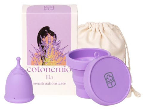 Cotonemio Lila – L Coppetta Mestruale in 100% Silicone Medico con Sterilizzatore e Sacchetto in Cotone | Kit Coppetta Riutilizzabile, Senza BPA, Fino a 12 Ore di Protezione