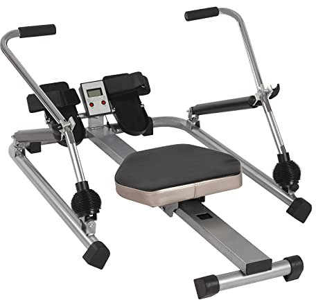 Hydraulisches Rudergerät, voll bewegliches, einstellbares Rudergerät mit 15-55kg-stufigem Widerstand und weichem Sitz und LCD-Monitor sowie 45-Zoll-Langer Schiene für Cardio-Übungen (dunkel)