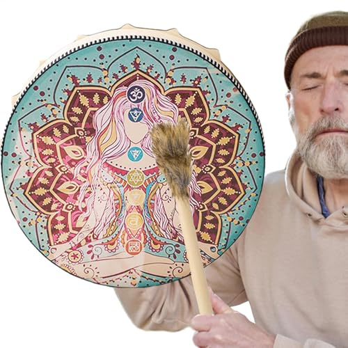 Schamansk handtrumma | Handgjord chaman handtrumma tillverkad av PU | Kraftig, rund chamanverktyg, inklusive vintage trähammare, andlig musiktillbehör för