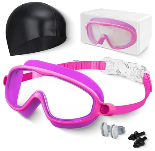 Kids Swim Goggles, Anti-fog, UV Protection and Wide View Swimming Goggles & Swim Cap for Age 3-15 Boys Girls Toddler