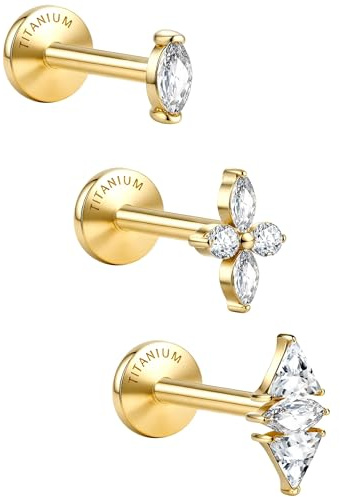 GEMQUEEN Pure Titanium Flat Back Earrings Studs 14K Gold Plated Hypoallergenic 3 Pcs 18G Internally Threaded Tragus Conch Helix Labret Piercing Jewelry for Sensitive Ears Women Men with 5A CZ