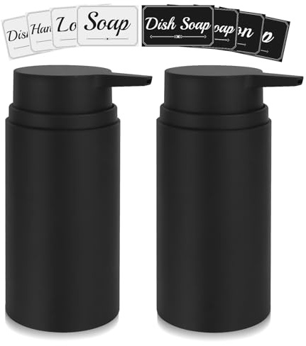 Topsky 2 Pack Soap Dispenser with Plastic Pump, 480ml Liquid Hand Soap Dispenser, Rustproof Pump for Kitchen & Bathroom, Great for Lotions, Essential Oil, Liquid Soaps (Black, with 8 Stickers)