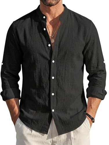 EndoraDore - Camisas de lino y algodón para hombre, casual, manga larga, ajuste regular, playera de verano para playa de Hawai, Negro, XL